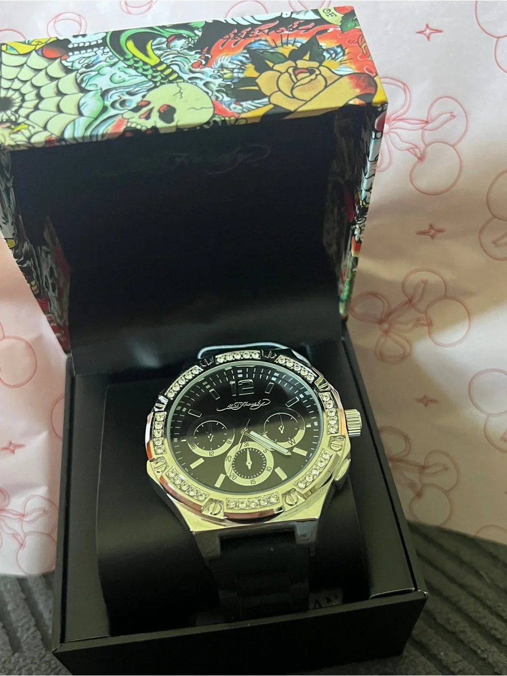 ED HARDY Men's Silver Tone Watch with Crystals